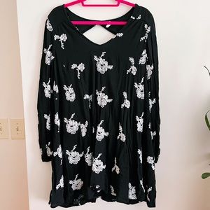 Free People Floral Embroidered Black Boho Mini Dress with Balloon Sleeves